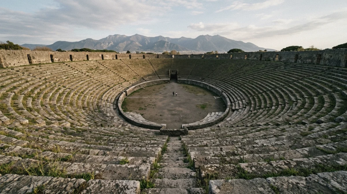 The empty stone tiers of the Pompeii amphitheatre, the scale Herculaneum cannot match, Italy