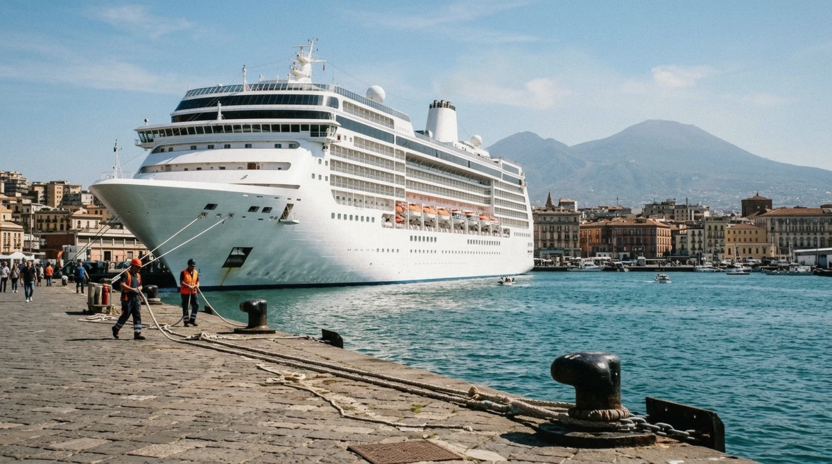 Cruise ship berthed at Naples with Mount Vesuvius behind, the starting point for Pompeii from the Naples cruise port, Italy