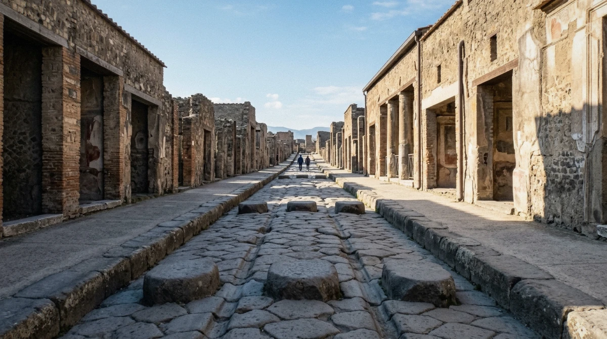 Via dell'Abbondanza seen down its length with cart ruts and stepping stones, on the route of what to see in Pompeii, Italy