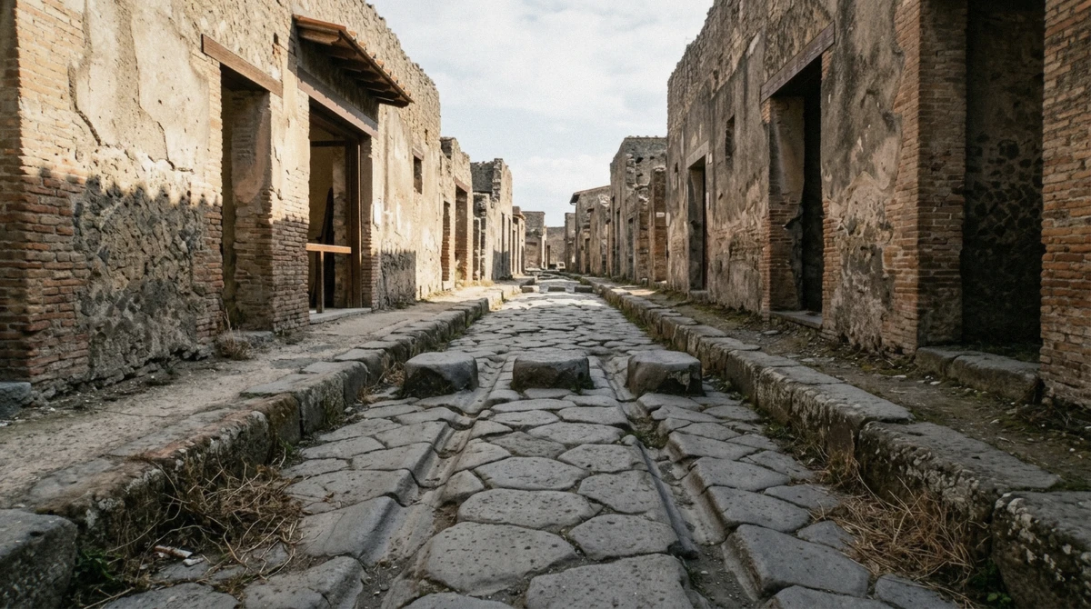 Cart ruts and raised stepping stones on a Roman street, one of the things to see in Pompeii, Italy