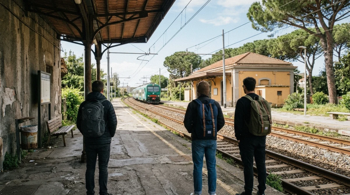 Travellers waiting on the platform at Pompei Villa dei Misteri after the Naples to Pompeii train, Campania, Italy