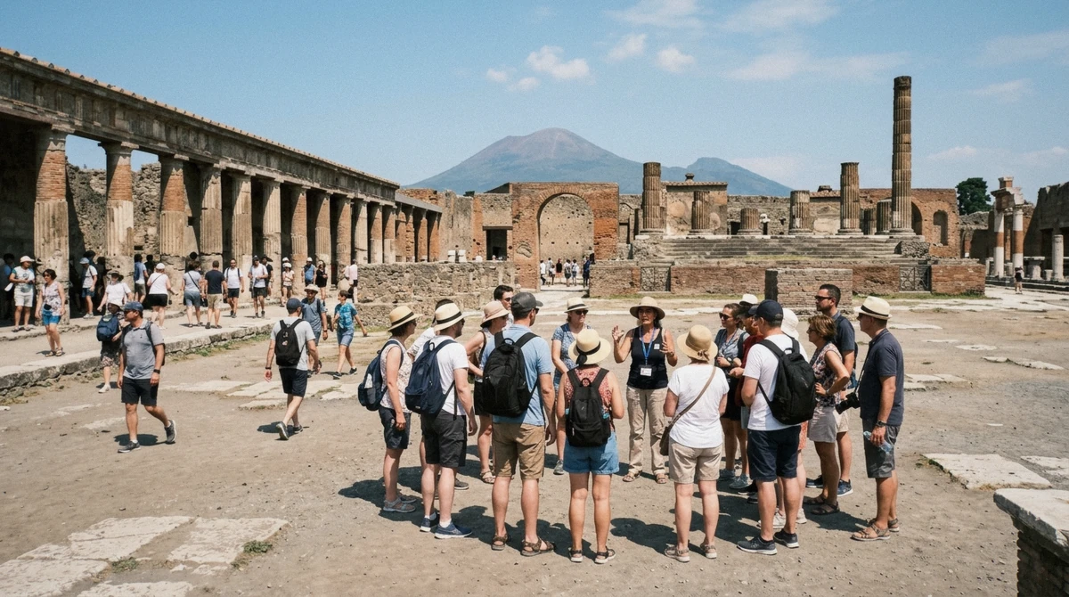 Guided groups filling the Forum of Pompeii under midday sun, showing why the best time to visit Pompeii is early, Italy