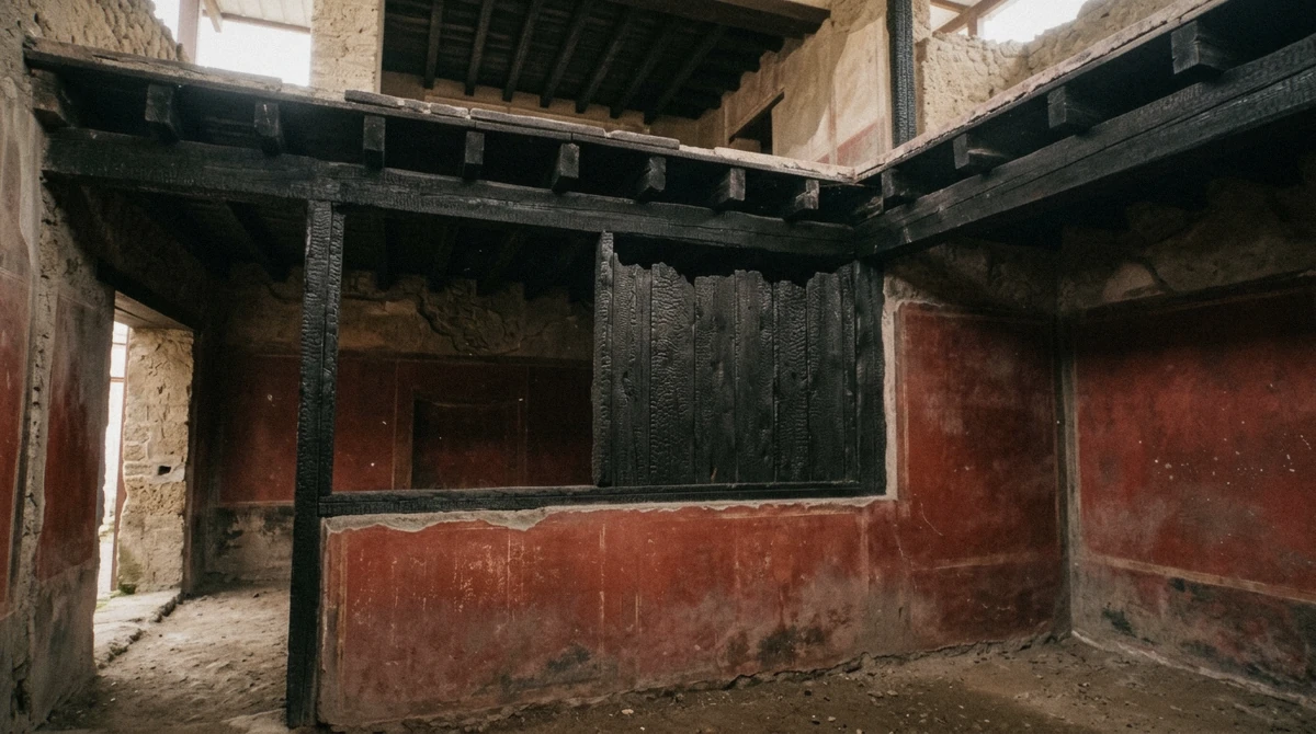 Carbonised wooden roof beams still in place inside a house at Herculaneum, the difference from Pompeii, Italy