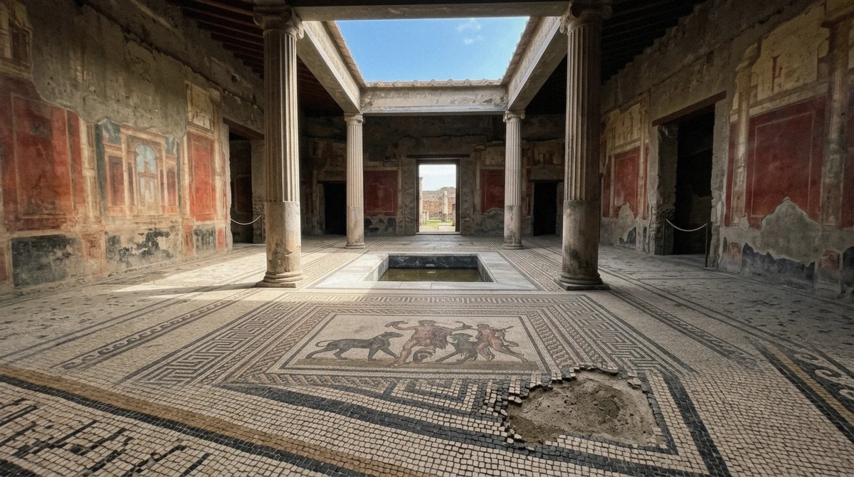 Floor mosaic and atrium in a Pompeii house, seen on a guided tour of Pompeii from Naples, Italy