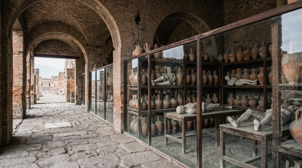 Plaster casts of victims in the Pompeii granary, inside the area covered by both Pompeii tickets, Italy