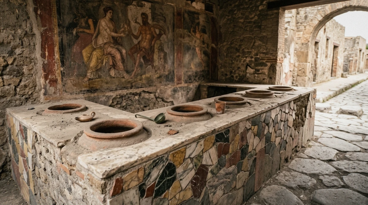 Marble thermopolium counter with sunken jars at Pompeii, the kind of detail a guided tour of Pompeii explains, Italy